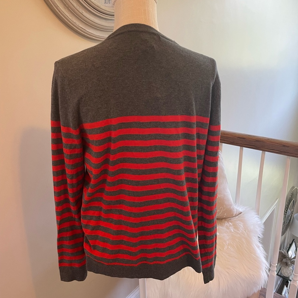 Red grey stripe button front cardigan.